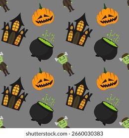 Halloween elements seamless patterns background with pumpkin and Haunted Castle, illustration Vector EPS 10
