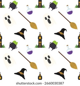 Halloween elements seamless patterns background with Ghost, hat and broom, illustration Vector EPS 10