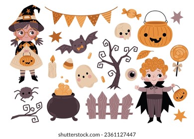 halloween elements set autumn, costumes, children, sweets