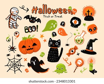 Halloween elements set. Cartoon hand drawn illustration. Pumpkin, Candy, Mummy, Ghost, Boo, Black cat, Bat and more.