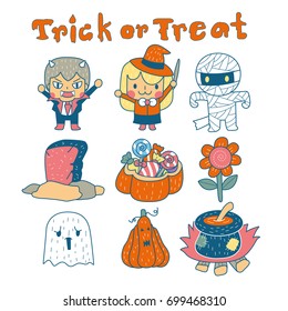 Halloween elements set, cartoon style, icon vector Illustration