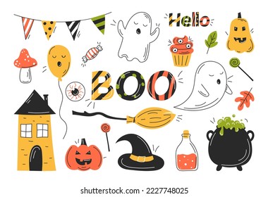 Halloween elements set. Collection of icons for website and stickers for social networks. Pumpkin, witchhat, ghost and scary castle. Cartoon flat vector illustrations isolated on white background
