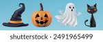 Halloween elements set. Cone witch hat, carved pumpkin, white scary ghost boo, black evil cat. Cute cartoon characters, spooky sticker pack. October sale symbols, fall party orange plasticine mascot