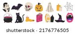 Halloween Elements Set. Cute cartoon spooky characters and elements. Hand drawn trendy illustration. 