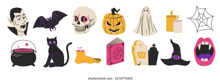 Halloween Elements Set. Cute cartoon spooky characters and elements. Hand drawn trendy illustration. 