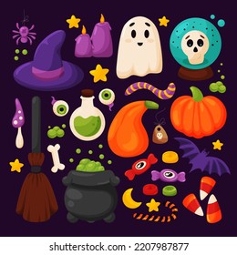 Halloween elements set, cute hand drawn cartoon style. Witch hat, cauldron, broom,  potion, bat, spider, candy, ghost, bone, skull, eye, tag, candle. Vector illustration 