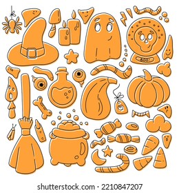 Halloween elements set, cute hand drawn line style with shadows. Witch hat, cauldron, broom,  potion, bat, spider, candy, ghost