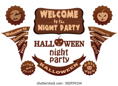 Halloween elements set for design and layout. Halloween labels and ribbons with inscriptions. Halloween symbols and attributes. Vector illustration.