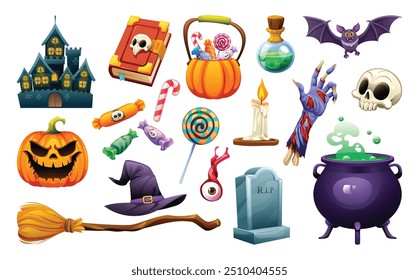 Halloween elements set featuring castle, pumpkin, spell book, cauldron, and assorted candies. Vector cartoon illustration