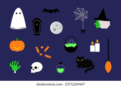 Halloween elements set. Flat vector icons. Cartoon style. Halloween sticker pack. Witch, black cat, ghost, pumpkin, skull