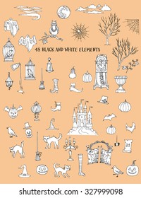 Halloween  elements. Set of  hand drawn black and white elements. Can be used for backgrounds and cards of Halloween decorations. Pumpkin, cat, ghost, hours, castle, moon, autumn. Vector Illustration