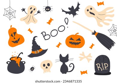 Halloween elements set: hat, ghost, bat, potion, broom, black cat, grave, spiders, pumpkins. Perfect for scrapbooking, greeting card, party invitation, poster, tag, sticker set. Hand drawn vector