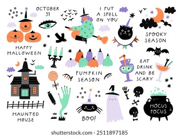 Elementos de Halloween. Festiva citas e ilustraciones. Ilustración vectorial