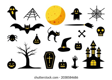 halloween elements set. Horror spooky creepy silhouette cartoon illustration.