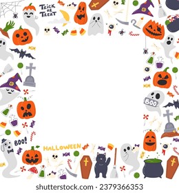 Halloween elements set isolated on white. Cute square frame template with lettering. American traditional holiday composition with copy space. Autumn creepy season hand drawn flat vector illustration