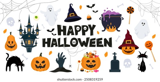 Halloween elements set. October holiday design elements, pumpkin, ghost, spider web, candy, moon, skull, spider, cat, witch. Vector illustration of collection with holiday decorations.