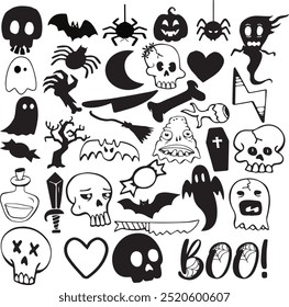 Halloween Elements Set is packed with spooky icons perfect for any project, Includes pumpkins, witches, ghosts, bats, and creepy spiders to enhance your designs, Perfect for invitations and crafts, 