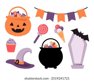 Halloween elements set for party. Cute cartoon pumpkin and cauldron basket with sweets. Garland, witch hat, grave with but. Isolated stickers on white.