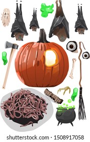 Halloween elements set - Pumpkin, Bats,Eyes,worm in plat,witch broom, Axe,Witch pot 