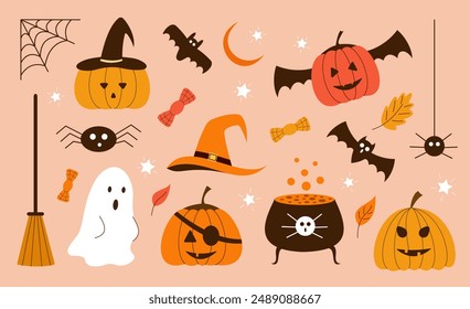 Elementos de Halloween. Calabaza, caldero, telaraña, fantasma, caldero, araña, escoba. Ilustración vectorial plana.