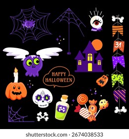 Elementos de Halloween definido com crânio de abóbora assombrado casa aranha olho poção doces e decorações festivas.Spooky ícones de celebração de feriado para impressão, projeto de embalagem de banners de festa. Vetor
