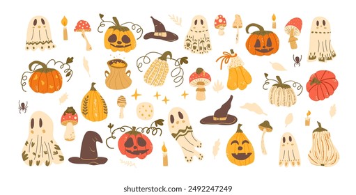 Halloween elements set. Pumpkins, holiday ghosts, witch hats and others kit. Collection of autumn festive. Candles, mushrooms and spider All Hallows' Eve. Vector illustration on white background