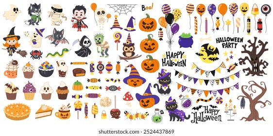 Halloween Elemente Set. Kürbisse, Halloween Süßigkeiten, Bonbons und Figuren, schwarze Katzen, Skelett, Fledermaus, Hexe und andere. Halloween Dekorationen, Girlanden-Fahnen und Ballons.