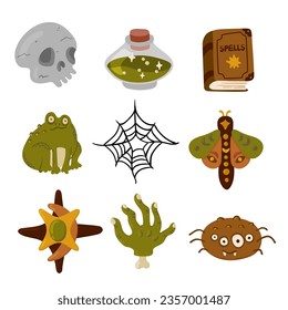 Halloween elements set. skull, potion, toad, web, spider, moth, zombie hand. Vector flat cartoon illustration.