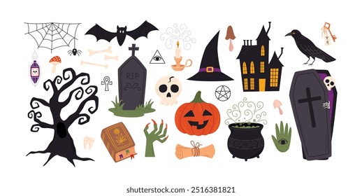 Halloween elements set. Spooky holiday collection. Vector illustrations collection isolated on white.