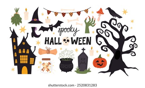 Halloween elements set. Spooky holiday collection. Vector illustrations collection isolated on white.