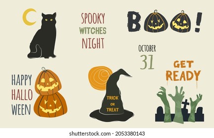 Halloween elements set with spooky icons of black cat, pumpkins Jack o' Lantern, Boo! lettering, witch hat with Trick or Treat text, moon, zombie hands in cemetery, Get ready...Vector, flat and lined.