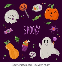 Halloween elements set. Spooky lettering. Hand drawn vector isolated cute stickers. Ghost, skull, pumpkin, spider, lollipop, sweets. Good for cards, prints, posters