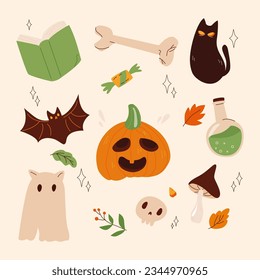 Halloween Elements Set trendy illustration. Cute cartoon spooky characters and elements. cute Halloween icons: spellbook, skull, black cat, ghost, poison, potion, mushroom, bone, candy, bat, leaves
