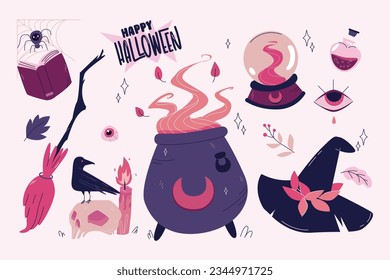 Halloween Elements Set trendy illustration. Cute cartoon spooky characters elements. cute Halloween icons: spellbook, spider, witch hat, broom, eye, glass ball, cauldron, raven, skull,candle, poison