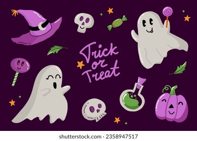 Halloween elements set. Trick or treat lettering. Hand drawn vector isolated cute stickers. Ghost, potion, witch hat, skull, lollipop, sweets. Good for cards, prints, posters