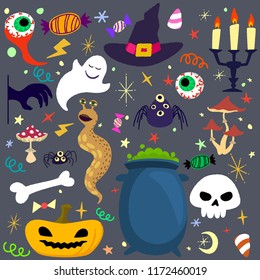 Halloween elements set. Vector cartoon illustration with rough lines.