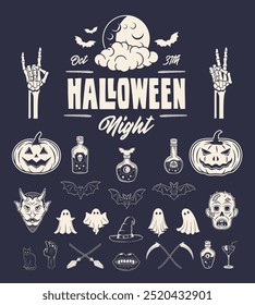 Halloween elements set. Vector icons of ghost, pumpkin, bat, cat, poison, zombie, devil, witch, cauldron, poison icons. Halloween icons.