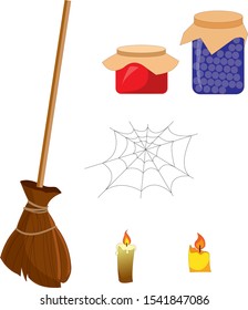 Halloween elements set. Vector illustration, items. Witches broomsticks, cans of potions, cobwebs, candles. Holiday.