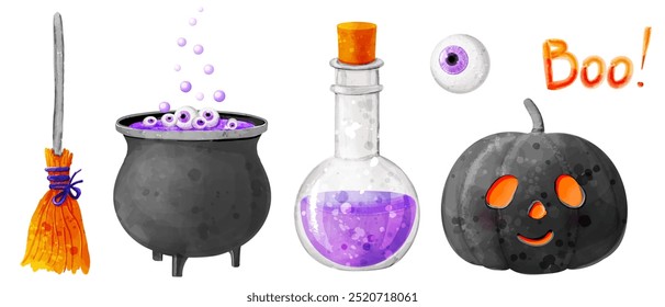 Halloween Elements Set. Vector Watercolor Illustrations