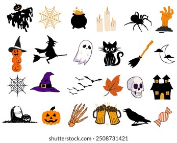 Halloween elements set in white background, Ghost, pumpkin, skull and other spooky elements. Happy Halloween.