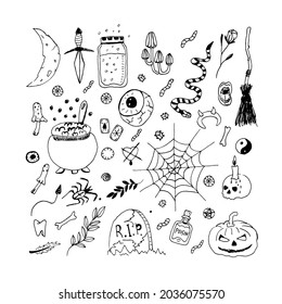 Halloween elements set. Witch cauldrons with boiling magic potions. Vector illustration of Halloween silhouettes doodle style. Broom, skull with candle, pumpkin, spider web, eye, gravestone, snake