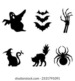 Conjunto de elementos de Halloween: Gato de chapéu de bruxa, morcegos, aranhas, mão esqueleto, fantasma