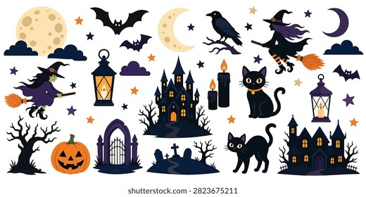 Halloween elements set with witch, haunted castle, black cat, pumpkin, moon, bat, raven, lantern and cemetery