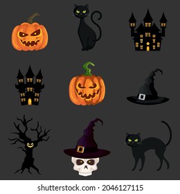 Halloween elements set.pumpkin,witch house,cat icon vector illustration design