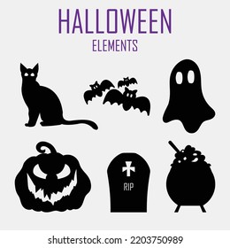 Halloween elements silhouettes including black cat