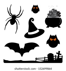 Halloween elements - spider, owls, witch hat, cauldron, bat, cemetery