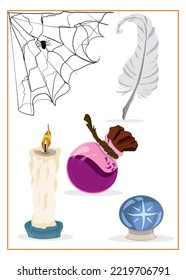 halloween elements with spider web candle with magic ball with potion and feather