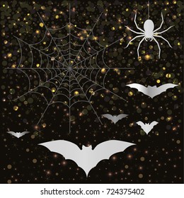 Halloween elements. Spiderweb, bats, and a spider on a shimmery background