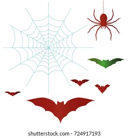 Halloween elements. Spiderweb, bats, and a spider isolated on white