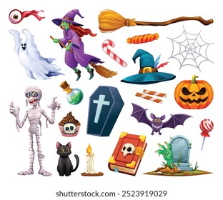 Elementos de Halloween con personajes espeluznantes como bruja, fantasma y calabaza en estilo de dibujos animados. Vector ilustración de dibujos animados.